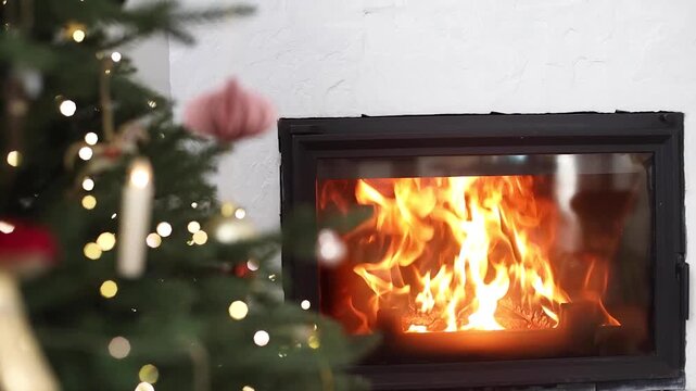 Video of Cozy Burning Fireplace with Decorated Christmas Tree Branch. Winter Comfort, Warm Home Interior. Christmas Eve, Hygge Lifestyle. Domestic Relaxation