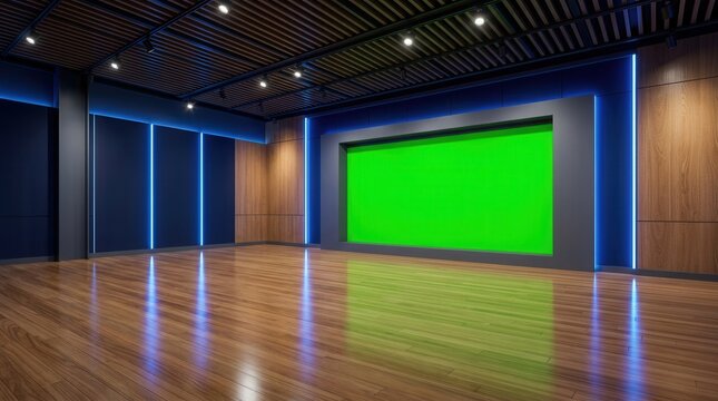 Virtual news studio featuring blue lights, spotlights, and a large chroma key green screen.