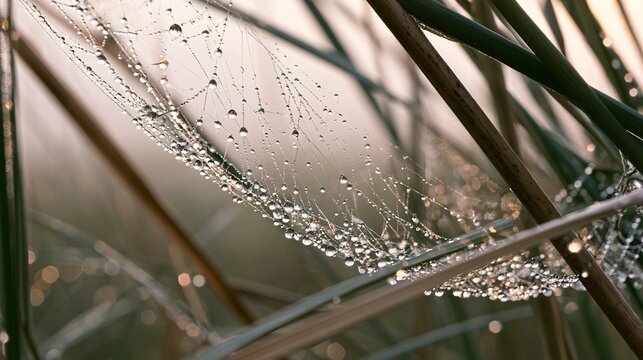 Close-up of dew droplets clinging to a spider's web strung between reed stalks, delicate