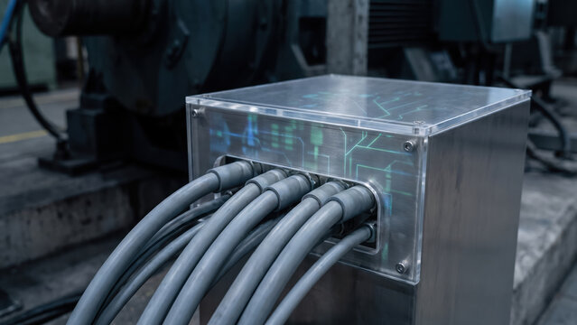 Industrial metal control box with cable connection, AI energy safety system supporting automated machinery in dark factory setting