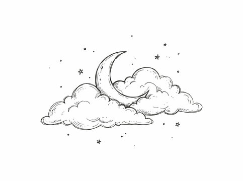 Cute sketch illustration of crescent moon behind fluffy clouds with stars