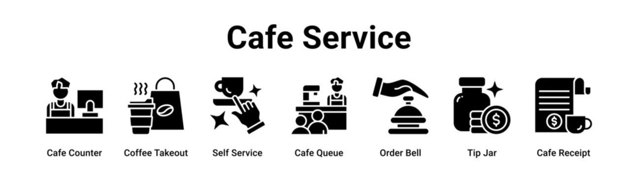 Cafe Service web banner icon vector illustration concept for Food & Beverage with icon of Cafe Counter, Coffee Takeout, Self Service, Cafe Queue, Order Bell, Tip Jar.