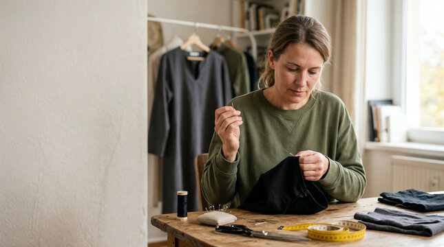 Woman sewing black fabric by hand at a wooden table in a home workshop
