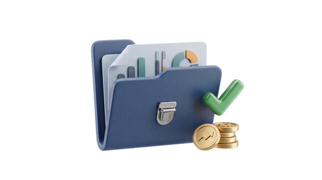 Blue folder with financial report documents and gold coins representing successful business data management and wealth accumulation concept 3d illustration