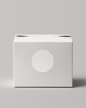 Blank white textured cardboard square box with empty round sticker label on the front over light gray background for product packaging mockup