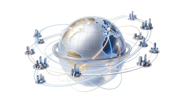 Global network concept with digital earth globe and connected cities illustration on white background