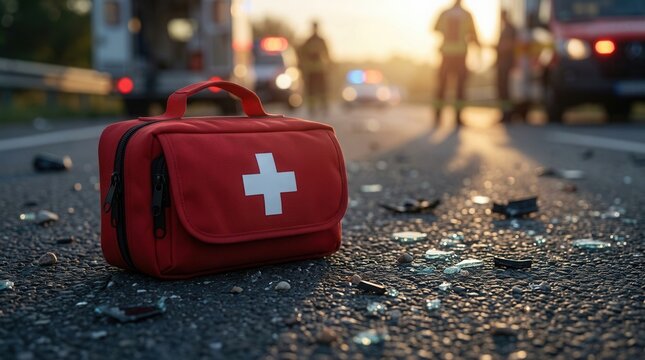 At dusk, a red first aid kit sits on a debris littered road amidst emergency vehicles and rescue personnel at a disaster site.