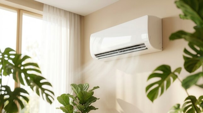 White air conditioner on a beige wall providing cooling system and fresh air ventilation for indoor comfort.