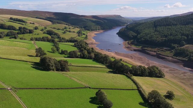 Aerial Video of Upper Derwent Valley Pastures and Low Reservoir Levels in Peak District, UK. 