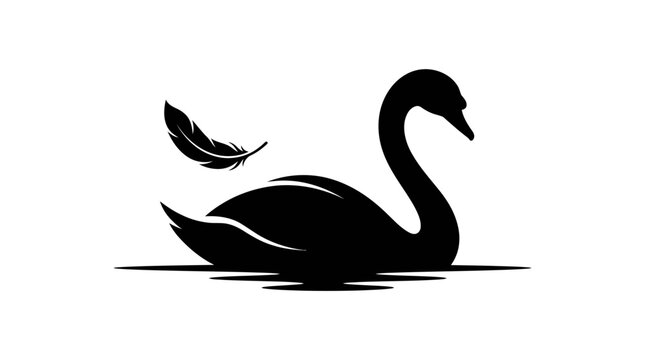 Minimalist black swan silhouette logo design vector illustration with floating feather and water reflection