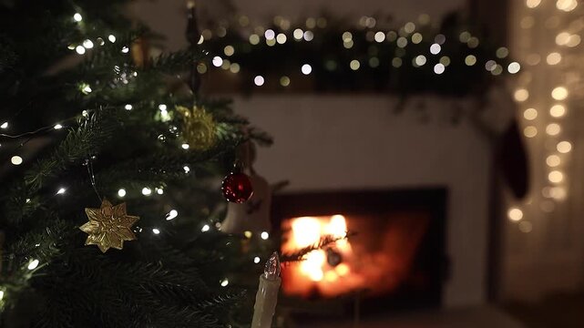 Atmospheric Christmas eve with glowing christmas tree ornaments and lights on background of Burning Fireplace, video. Holiday cozy winter home. Festive Evening