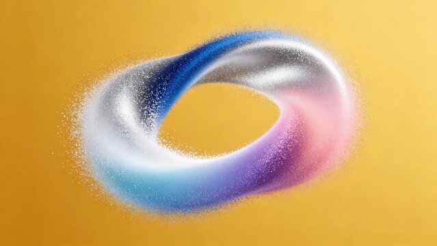 Colorful particle textured infinity mobius ring on solid yellow background, abstract 3d modern art of endless cycle and eternity concept