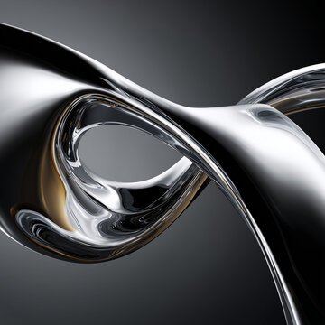Reflective chrome ribbons sweep through abstract sculptural design on dark gray field. Flowing silver contours and restrained gold accents create elegant, futuristic visual with depth.