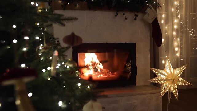 Atmospheric Christmas Living Room with Burning Fireplace and Star Light video. Holiday Magic, cozy home eve. Hygge Warm Evening, winter celebration. 