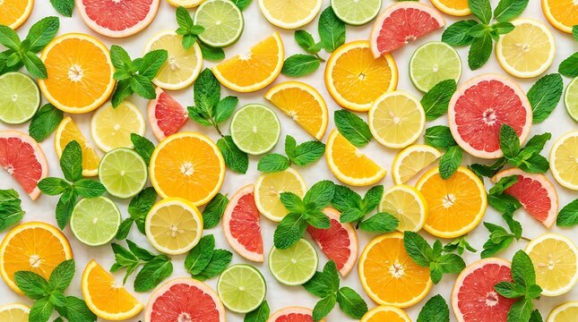 Vibrant citrus fruits and fresh mint leaves pattern for healthy food and drink designs