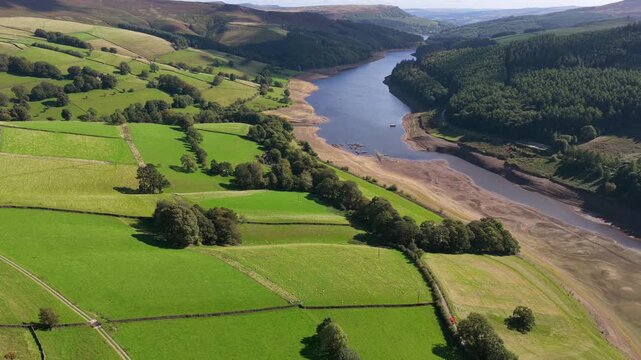 Aerial Video of Upper Derwent Valley Pastures and Low Reservoir Levels in Peak District, UK. 
