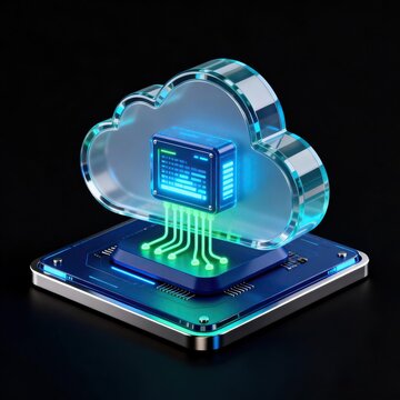 3d rendered glowing blue glass cloud computing icon with microchip on circuit board on dark background technology concept for data storage