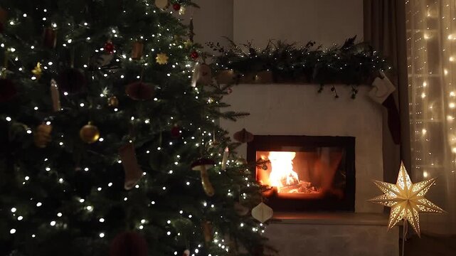 Christmas Star Lantern and Burning Fireplace beside Glowing Christmas Tree video. Traditional Festive Decor. Cozy Christmas eve
