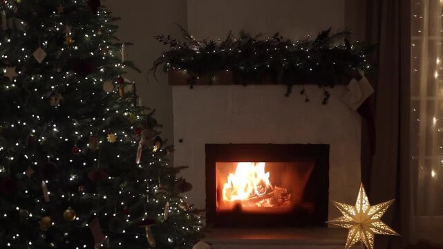 Christmas Star Lantern and Burning Fireplace beside Glowing Christmas Tree video. Traditional Festive Decor. Cozy Christmas eve
