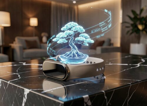 Futuristic smart band projecting a glowing bonsai tree hologram