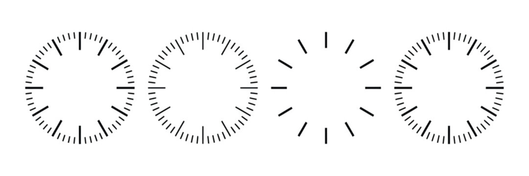 Analog clock dial icon set. Circular clock face collection with hour and minute markers in outline and minimalist styles for time, watch, timer, dashboard, and interface design.