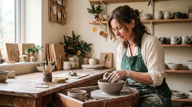 Woman artist focused on creating pottery on a spinning wheel in a cozy studio decorated for winter holidays