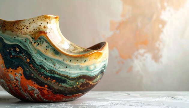 Handcrafted afrohemian ceramic bowl with abstract marbled glaze