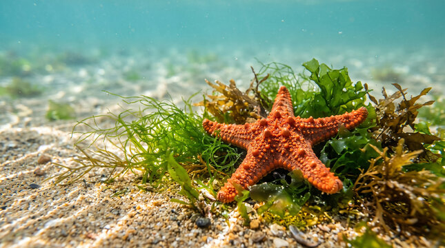 Orange starfish resting on sandy ocean floor with seaweed  