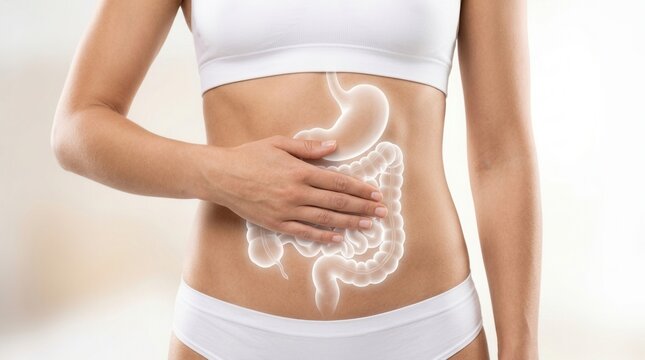 A woman featuring a healthy digestive system illustration of the gastrointestinal tract, closeup on a light background.