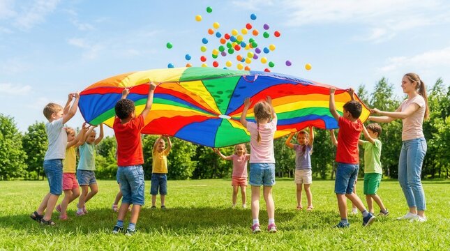 Children and teacher engaging in a summer camp activity with a rainbow playground parachute on green grass.
