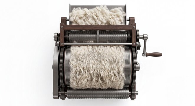 A vintage-style hand-cranked wool carding machine processing raw sheep wool on white background.
