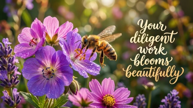 Honeybee pollinating purple flowers in a garden with soft bokeh background and inspirational text