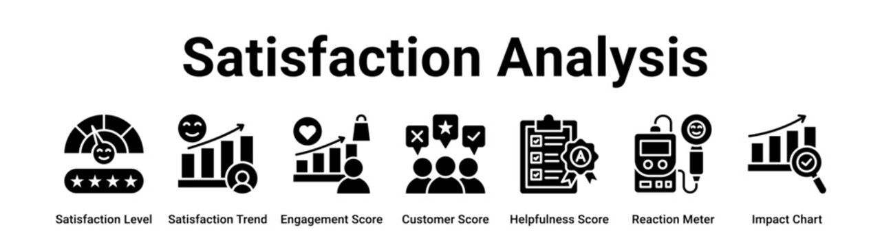 Satisfaction Analysis web banner icon vector illustration concept for business with icon of Satisfaction Level, Satisfaction Trend, Engagement Score, Customer Score, Helpfulness Score, Reaction.