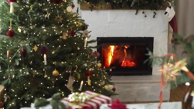Merry Christmas. Video of burning fireplace and festive decorated Christmas tree. Holiday Surprises, Cozy Christmas Morning, Family Traditions