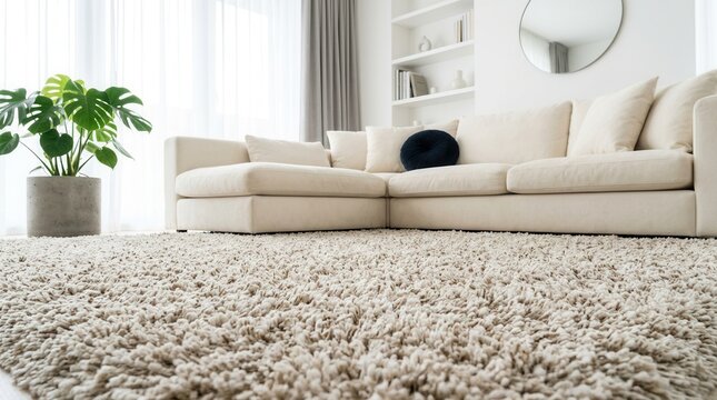 Stylish furniture and a fluffy carpet on the floor in a modern indoor setting, low angle view.