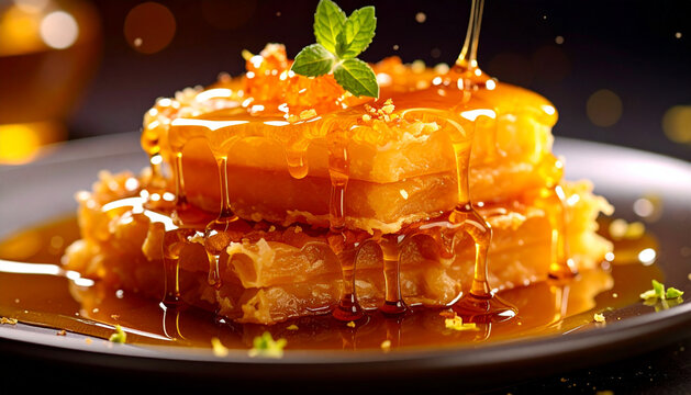 Traditional chak chak dessert with glossy honey syrup in dark moody setting