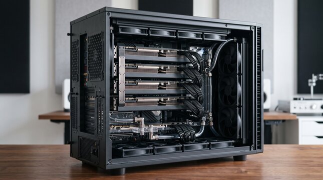 Custom water cooled PC with multiple GPUs inside open case