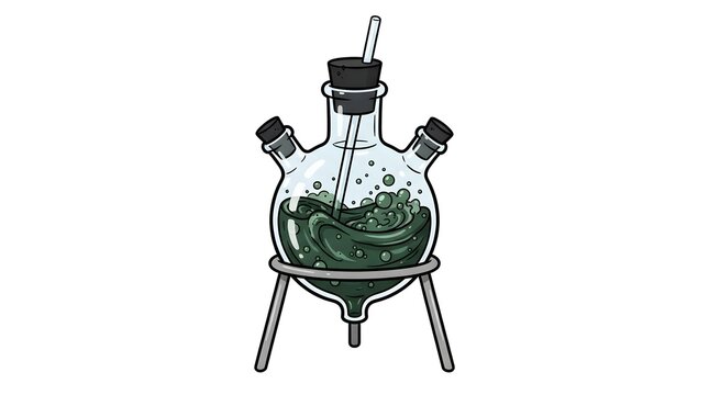Illustration of a complex three-necked round-bottom laboratory flask on a stand, containing a boiling dark green chemical liquid. Ideal for science and alchemy designs.
