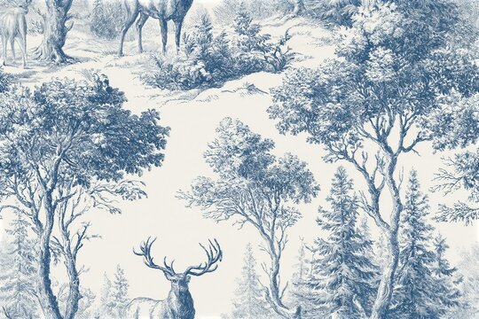 Winter Forest Reindeer Toile Vintage Blue Christmas Vector Seamless Pattern. Elegant hand-drawn blue toile Christmas seamless pattern featuring majestic reindeers in a snowy winter forest. Detailed vi