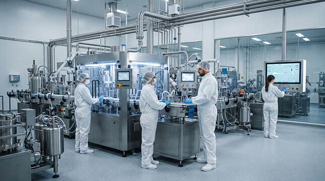 Clean room pharmaceutical factory staff operating automated line units.