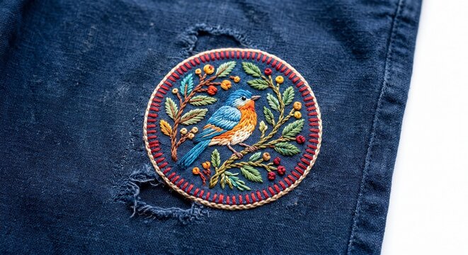 A detailed circular embroidery patch featuring a blue bird on a branch attached to dark denim.