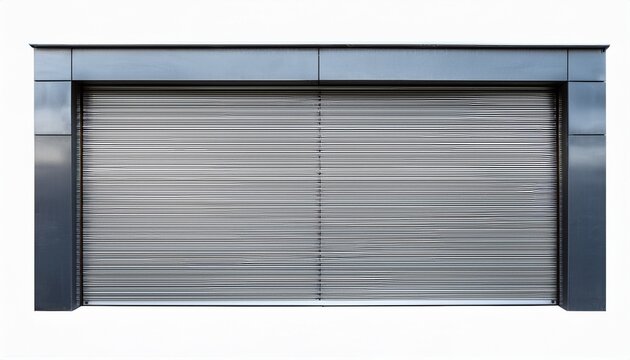 modern storefront entrance with closed metal roller shutter door on isolated white background