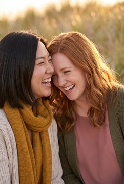 Two women friends laughing forehead to forehead together on sunlit beach dunes
