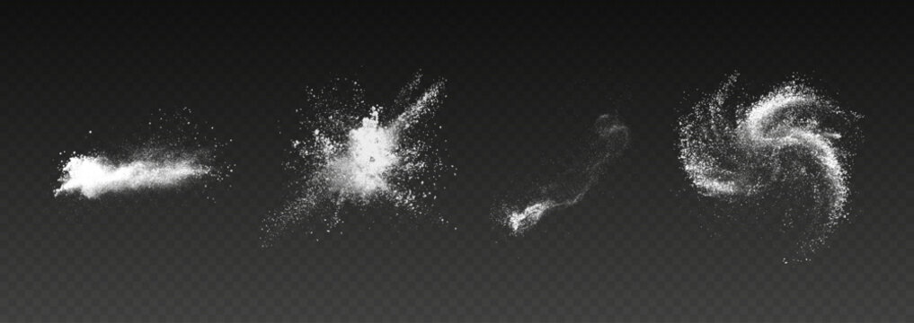 White powder explosion and flour splash collection. Dust burst particles and spray effects isolated. Graphic design PNG overlay