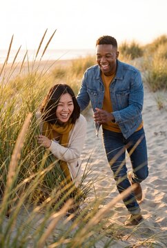 Playful African American man chasing Asian woman through golden beach dune grass
