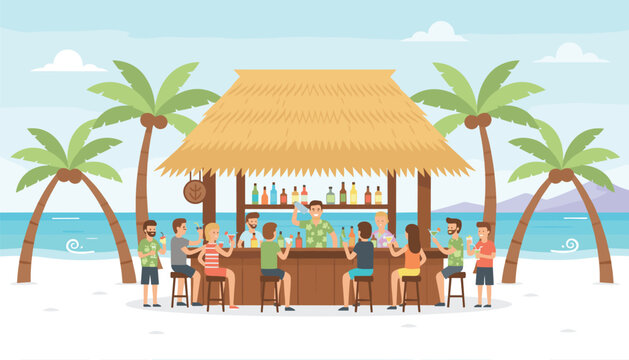 People enjoying cocktails and drinks at a tropical tiki bar on a sunny white sandy beach with palm trees under a bright blue sky.
