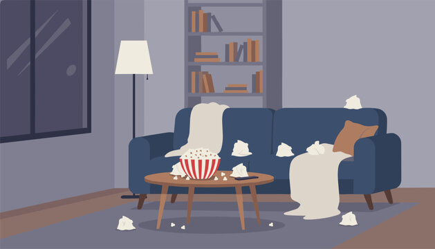 Living room featuring a dark blue sofa littered with used tissues and a bowl of popcorn on a wooden table after watching a late movie.