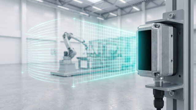 Industrial sensor safety system with AI energy monitoring in smart factory creates secure automated production