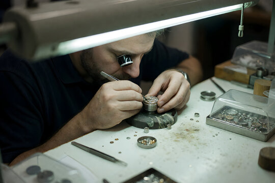 Watchmaker setting jewel into movement tilt shift