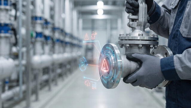 Industrial worker inspecting valve with AI energy safety technology in manufacturing facility